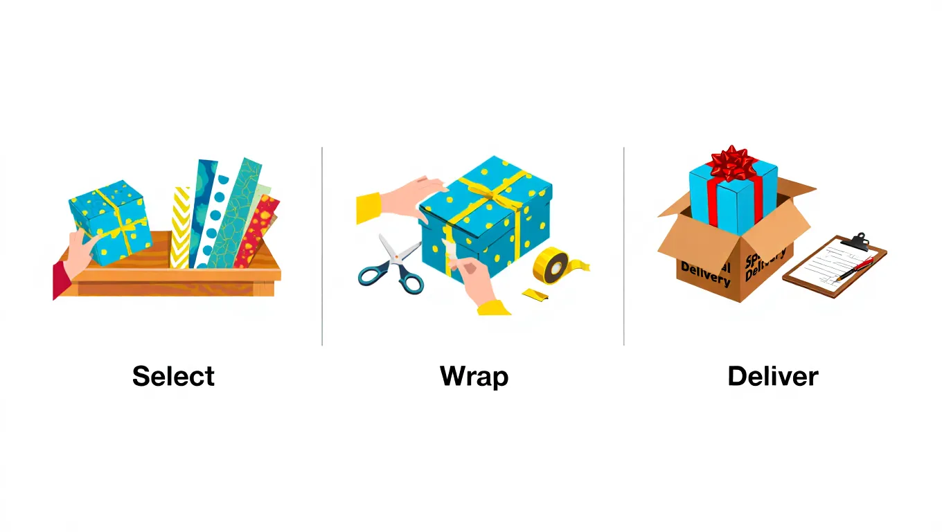 Gift wrapping process illustration showing select wrap and deliver steps